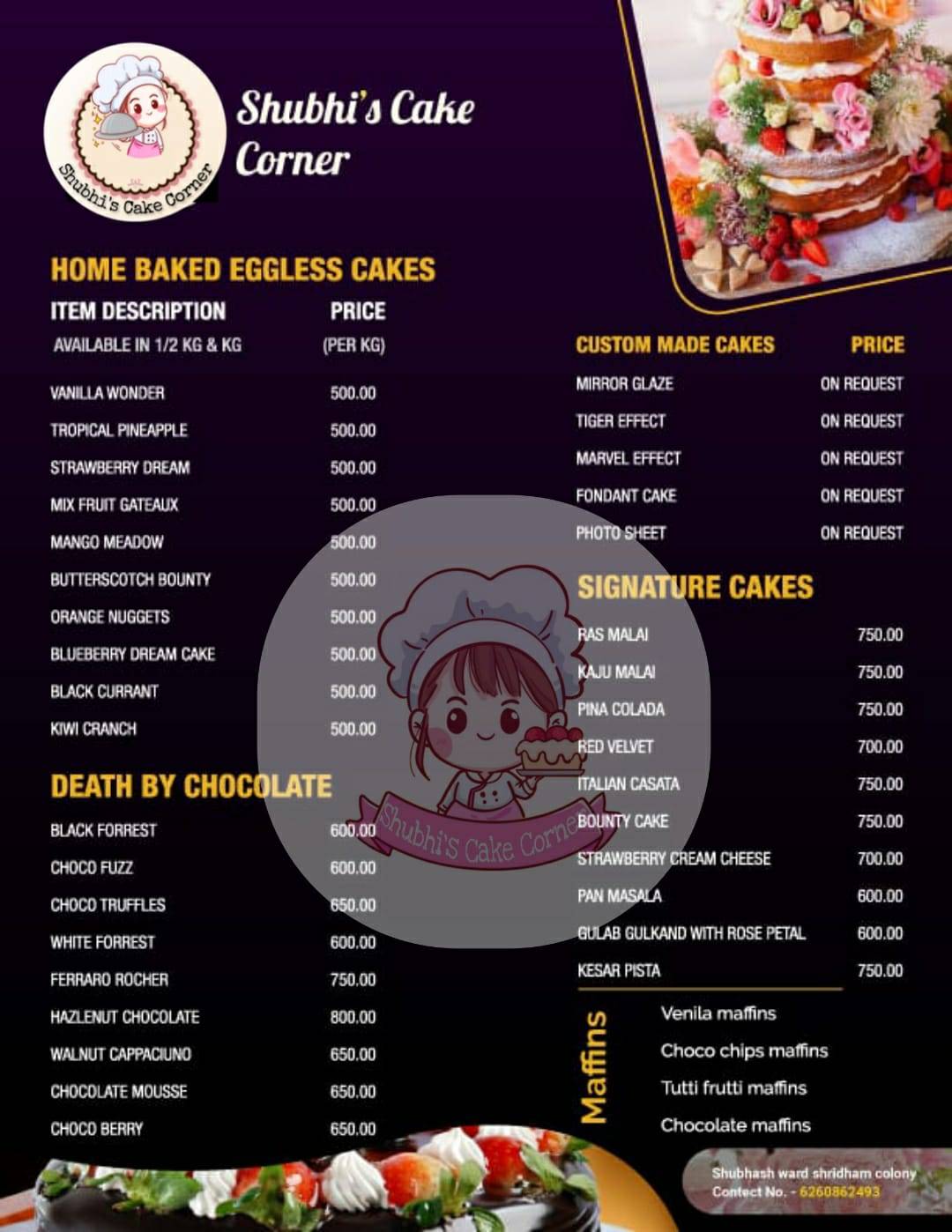 Shubhi's cake corner menu