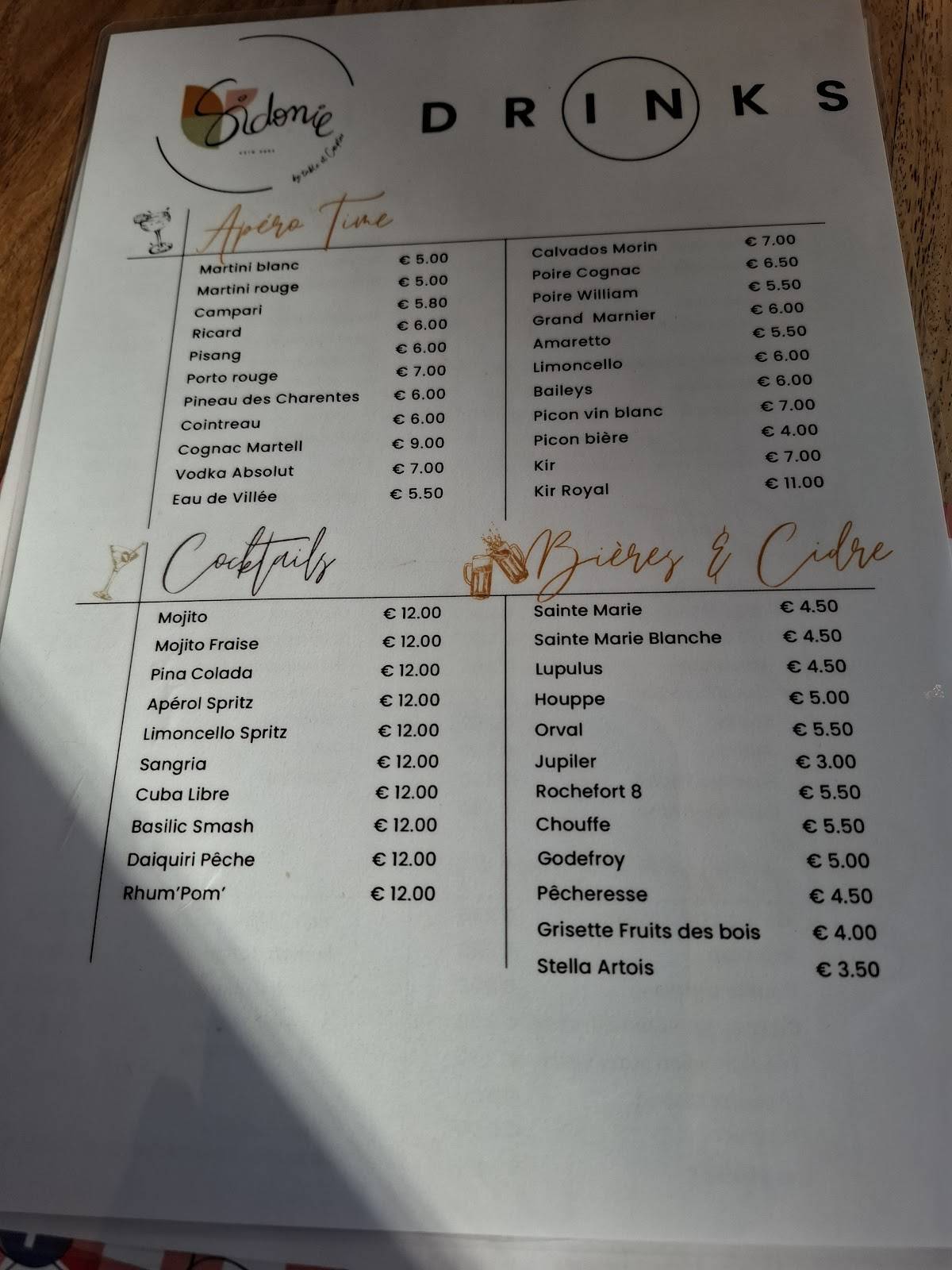 Menu de Sidonie - Table et comptoir