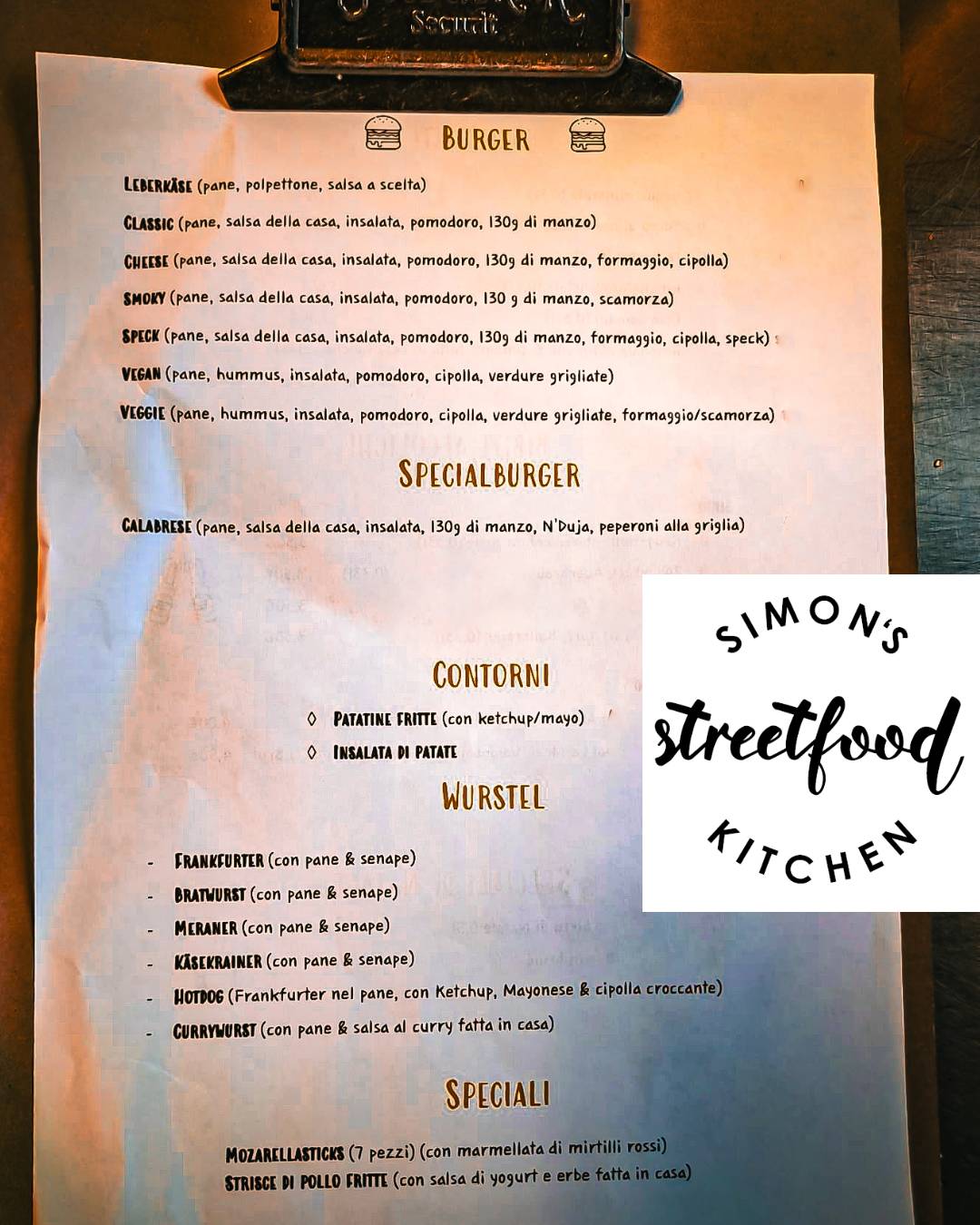 Menu di Simon's Streetfood Kitchen Meran Burger & More 
