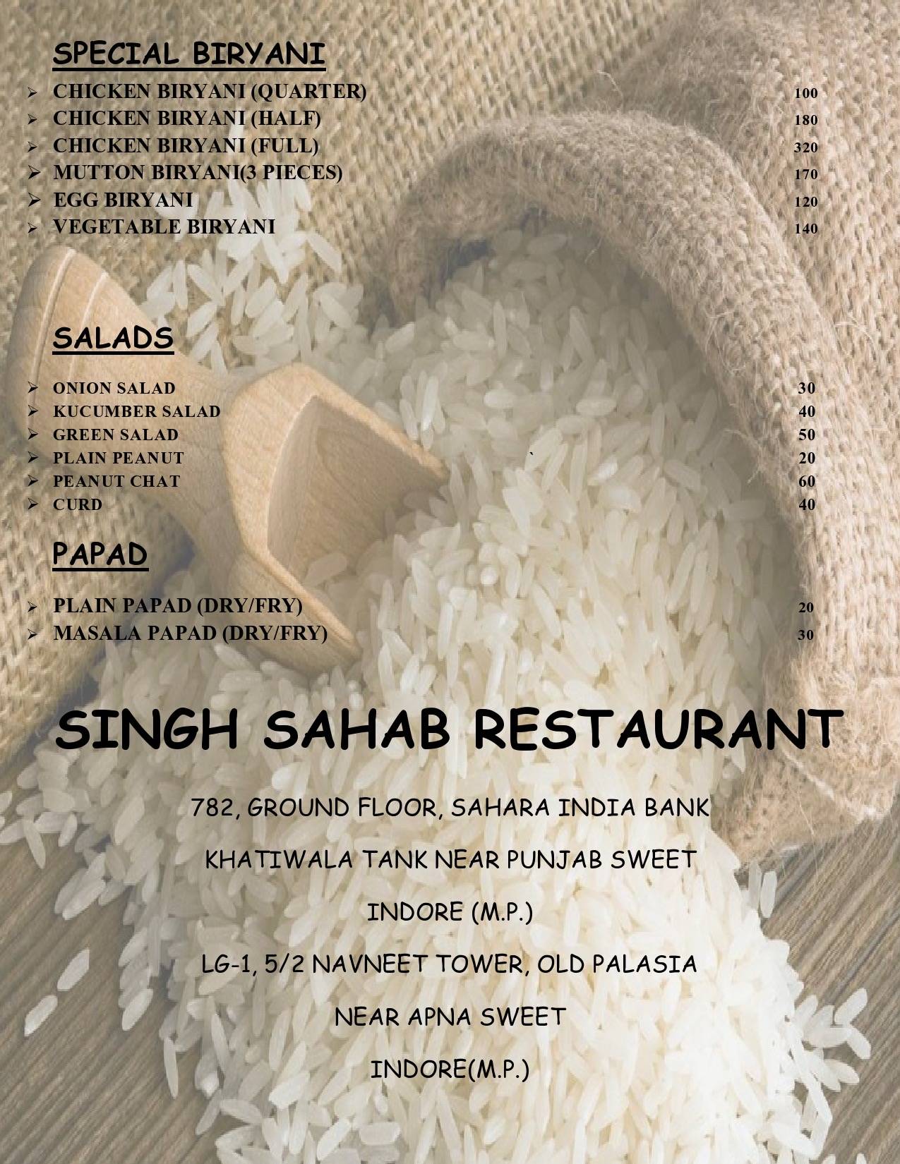 Singh Sahab Restaurant menu
