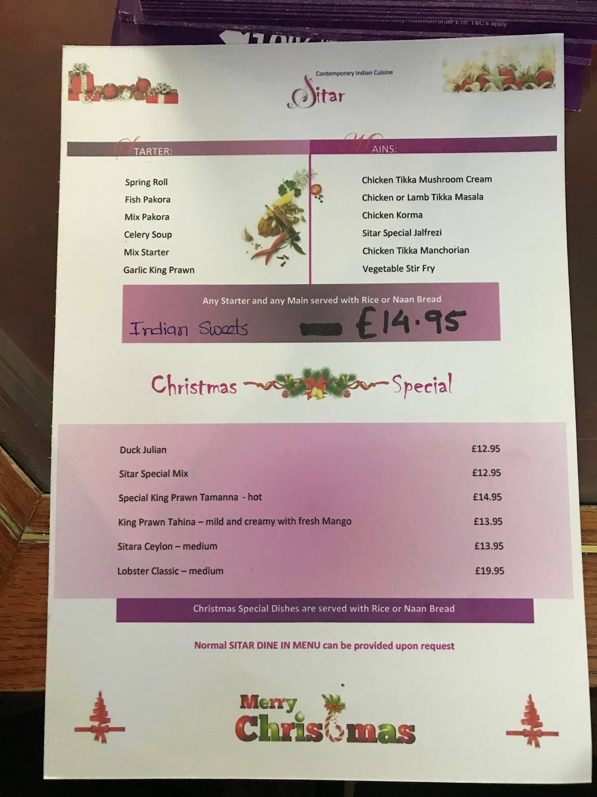 Menu at Sitar restaurant, Annan