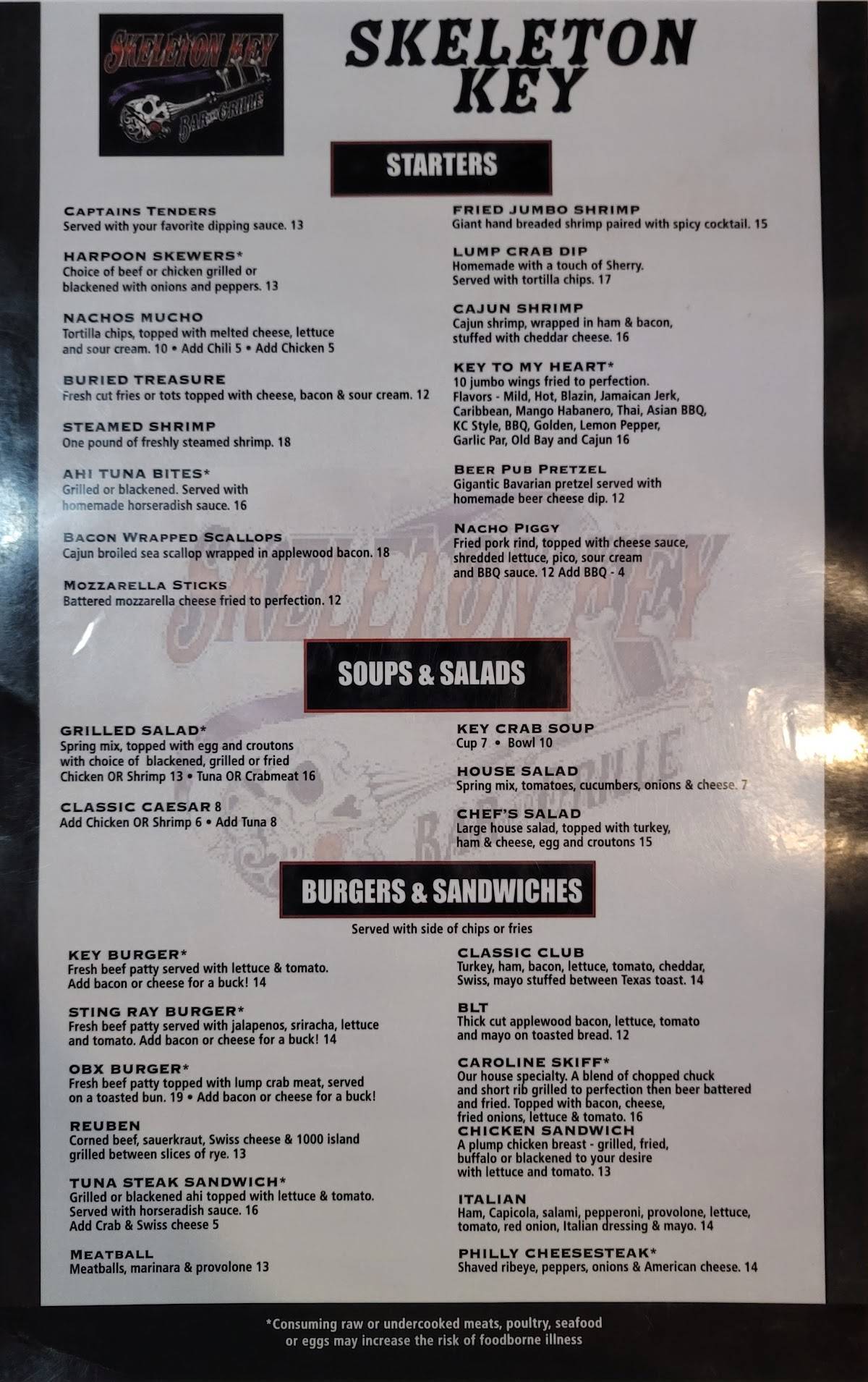 Menu at Skeleton Key Bar and Grille, Chesapeake