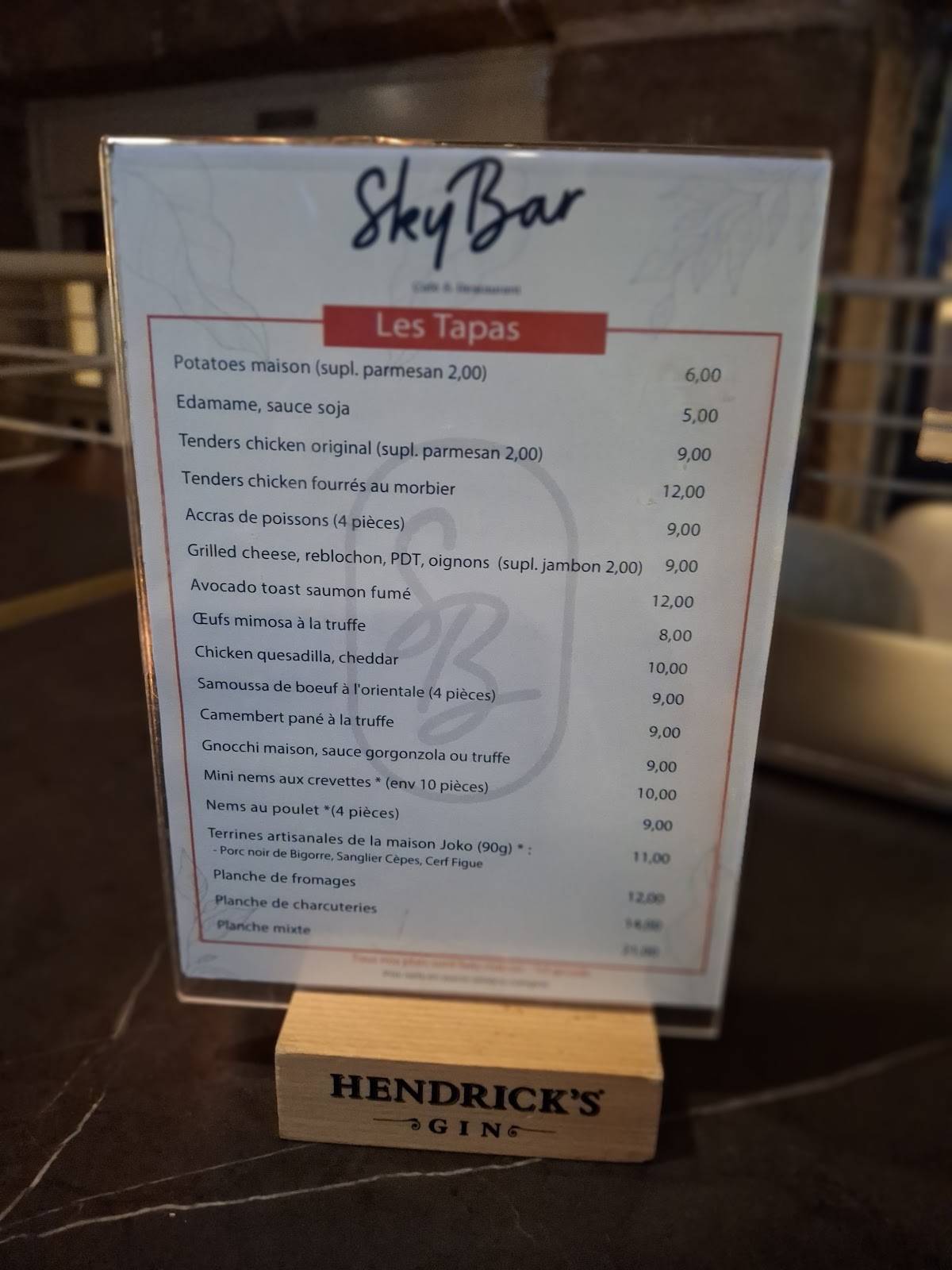 Menu de Skybar