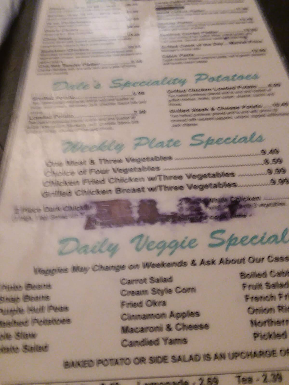 Menu at Dale's restaurant, Southaven