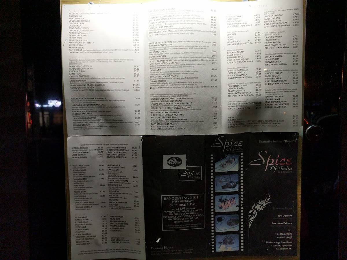 Menu at Spice of India restaurant, Upminster, Broadway