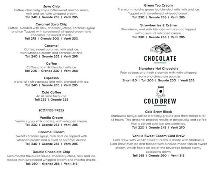 Starbucks menu