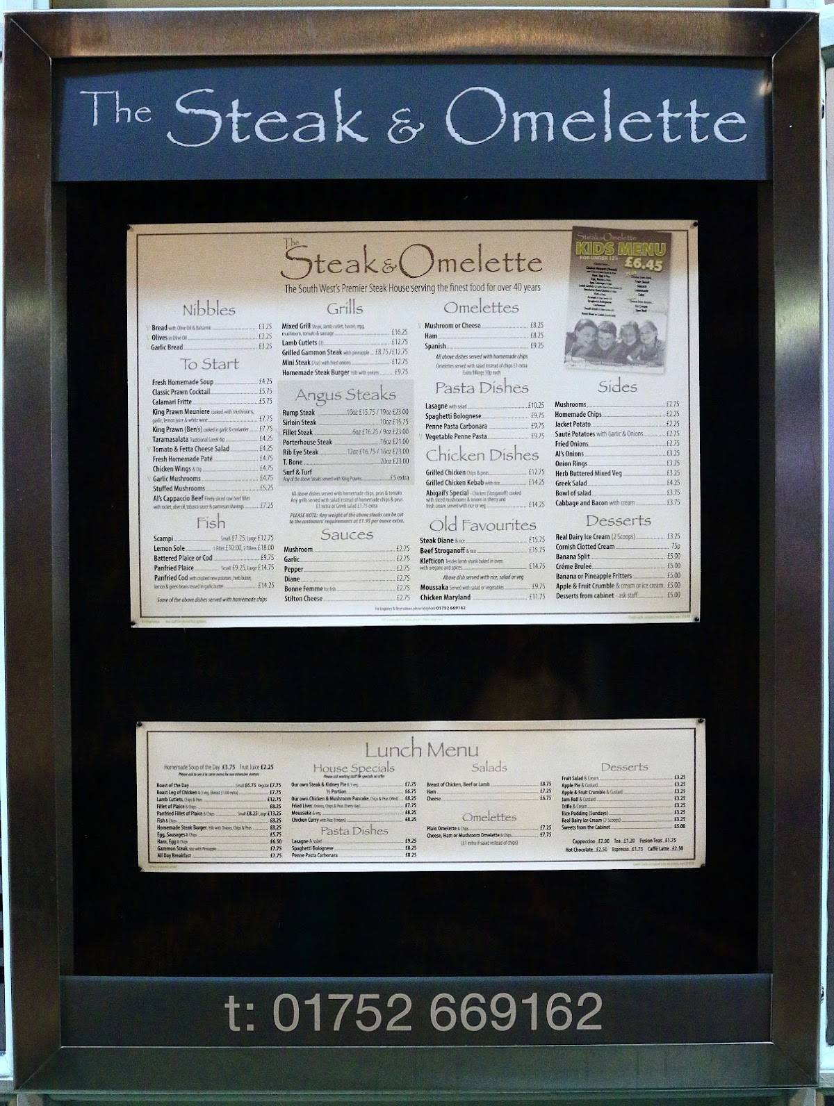Menu at Steak & Omelette restaurant, Plymouth