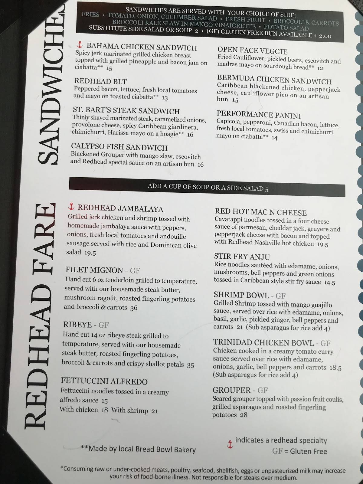 Redhead Lakeside Grill and Yacht Club menu