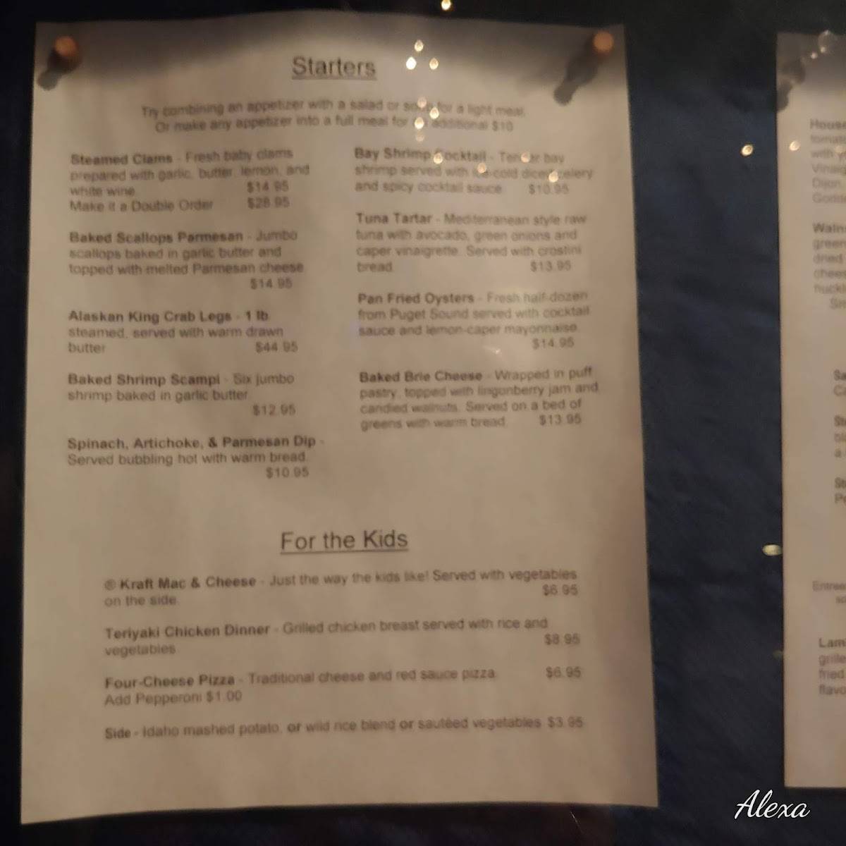 Menu at Steamers Steak & Seafood pub & bar, McCall