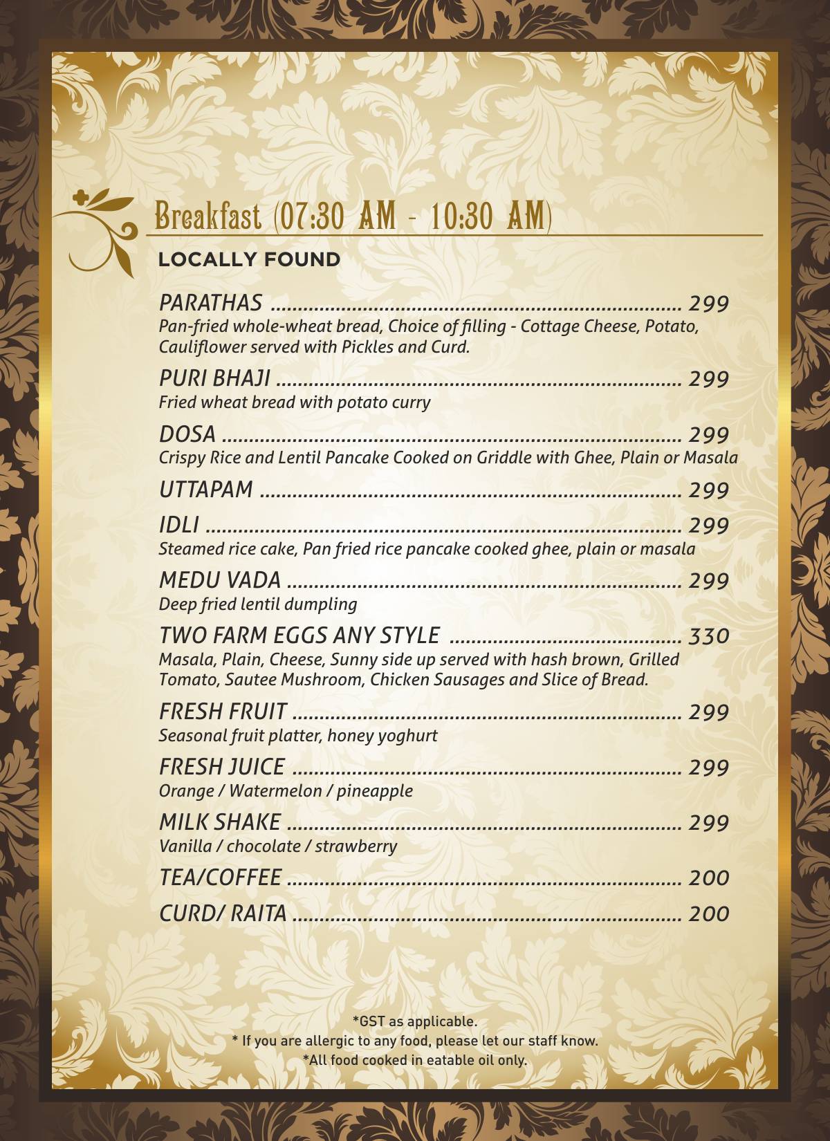 Sunset Restaurant and Bar menu