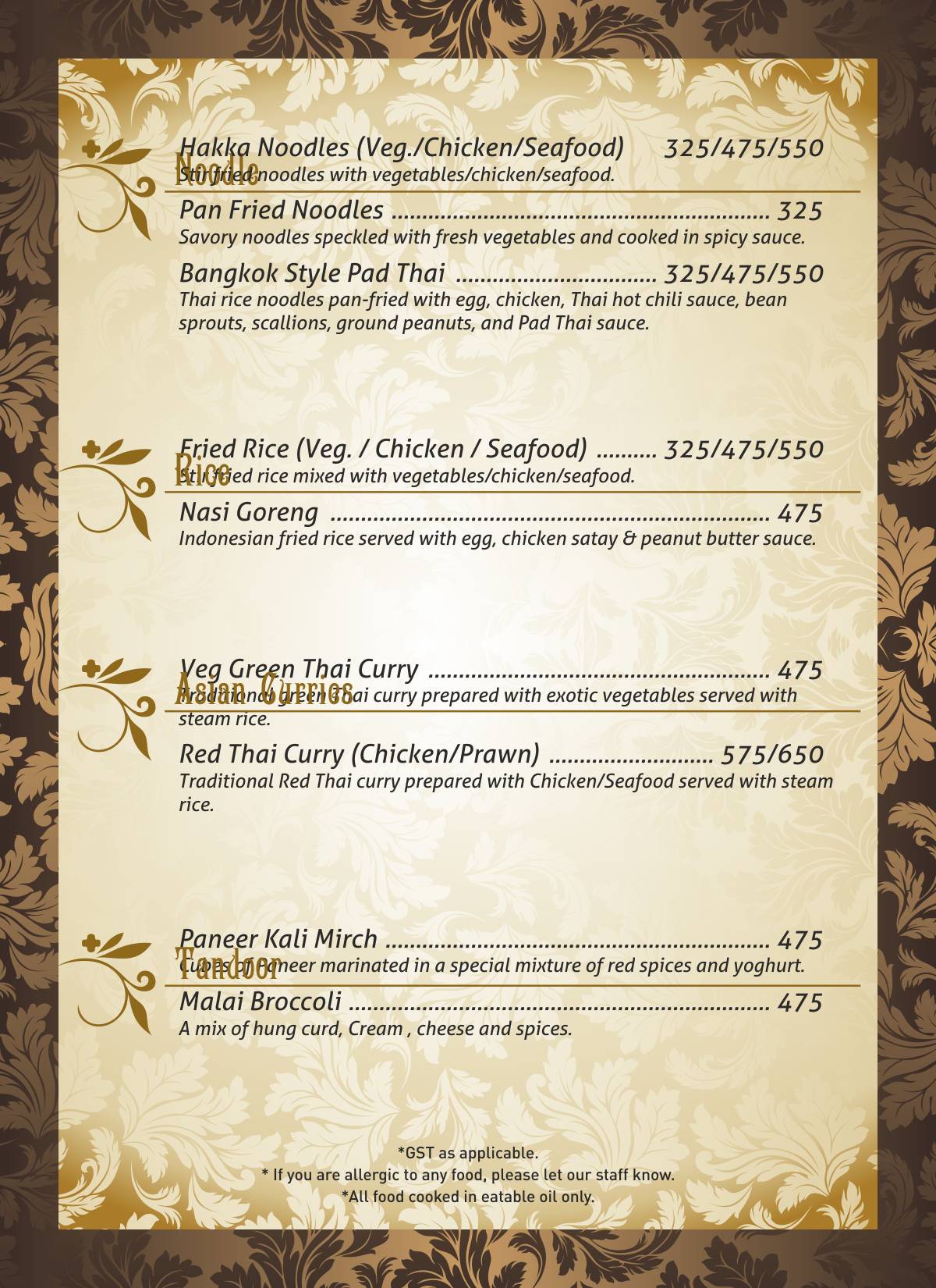 Sunset Restaurant and Bar menu