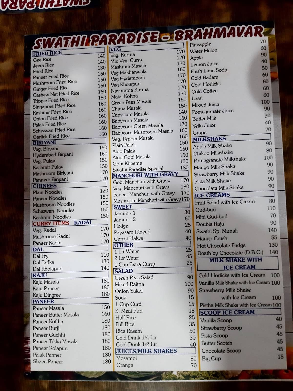 Swathi Paradise menu
