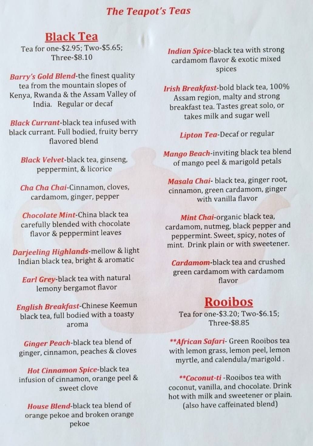 Menu at Swing the Teapot restaurant, Floral Park