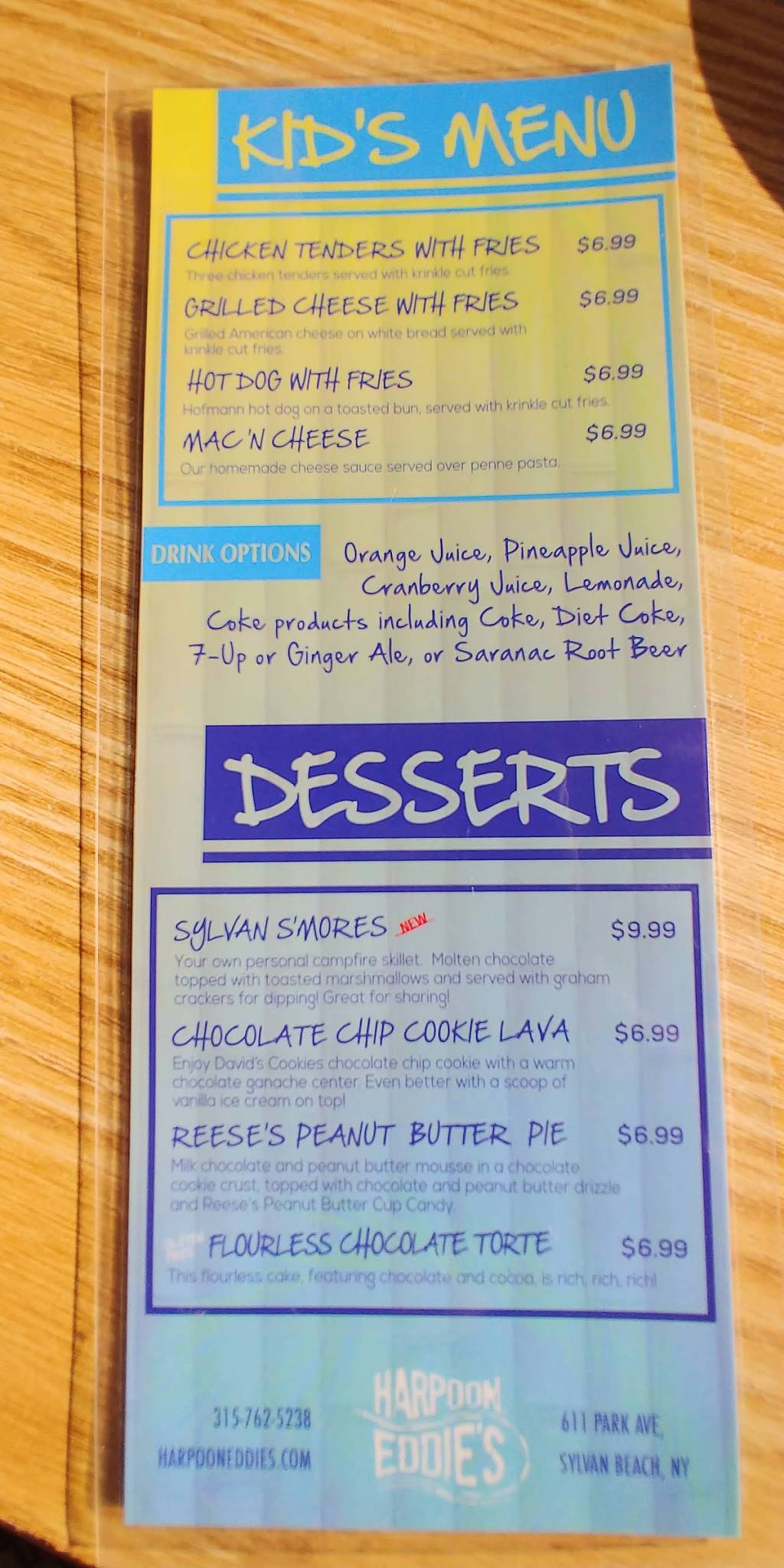 Menu at Harpoon Eddie's pizzeria, Sylvan Beach