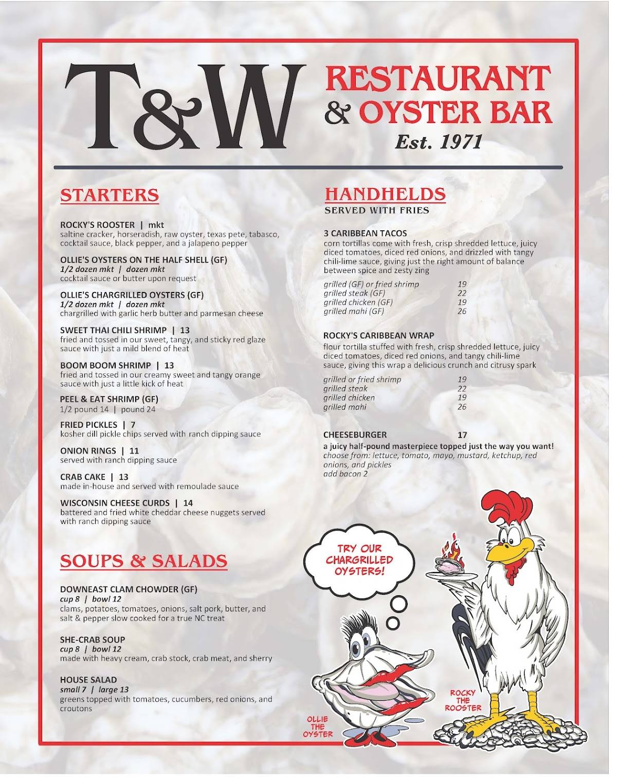 Carta de T&W Restaurant and Oyster Bar, Peletier, NC-58