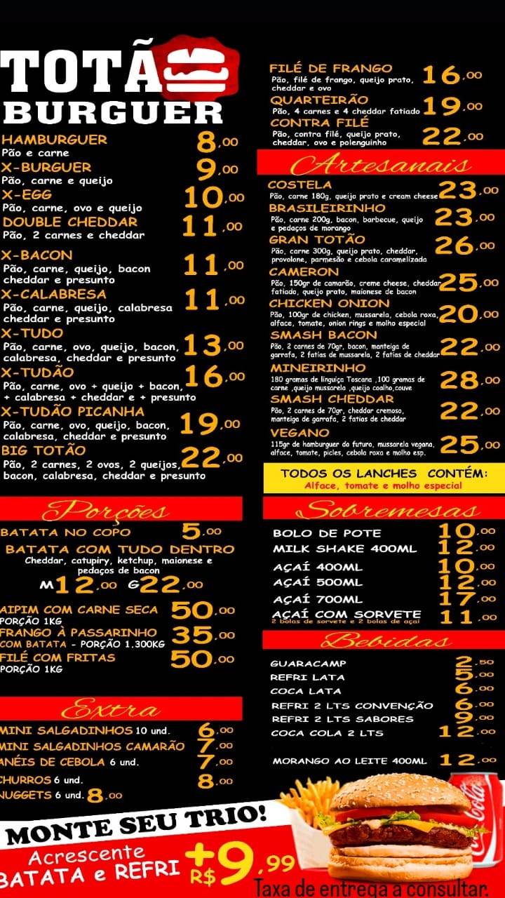 Totão Burguer cardápio