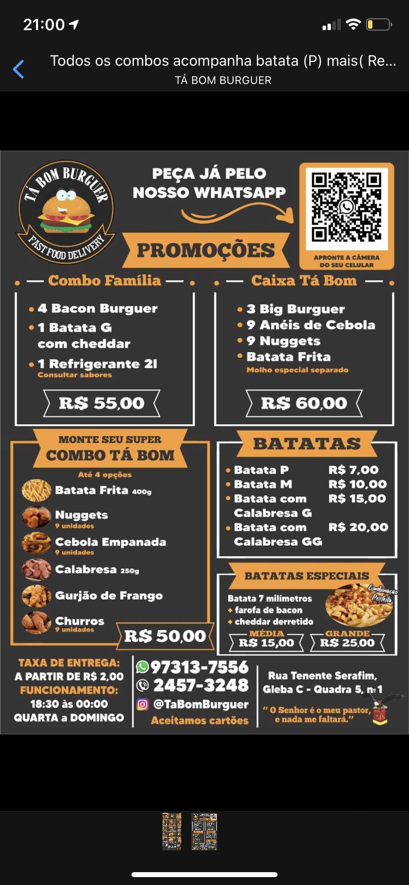Ta Bom Burguer cardápio
