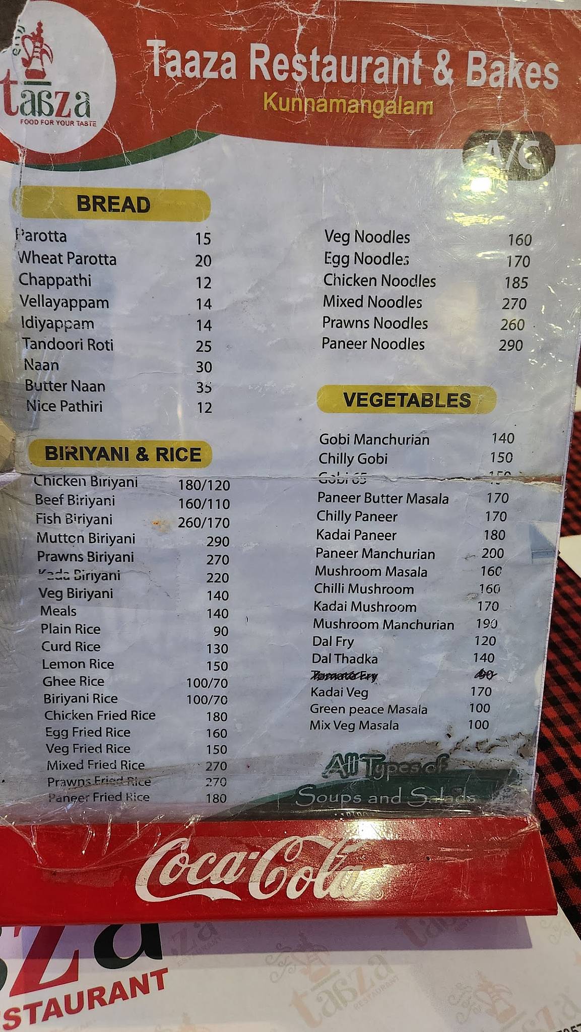 Taaza Restaurant, Kunnamangalam menu