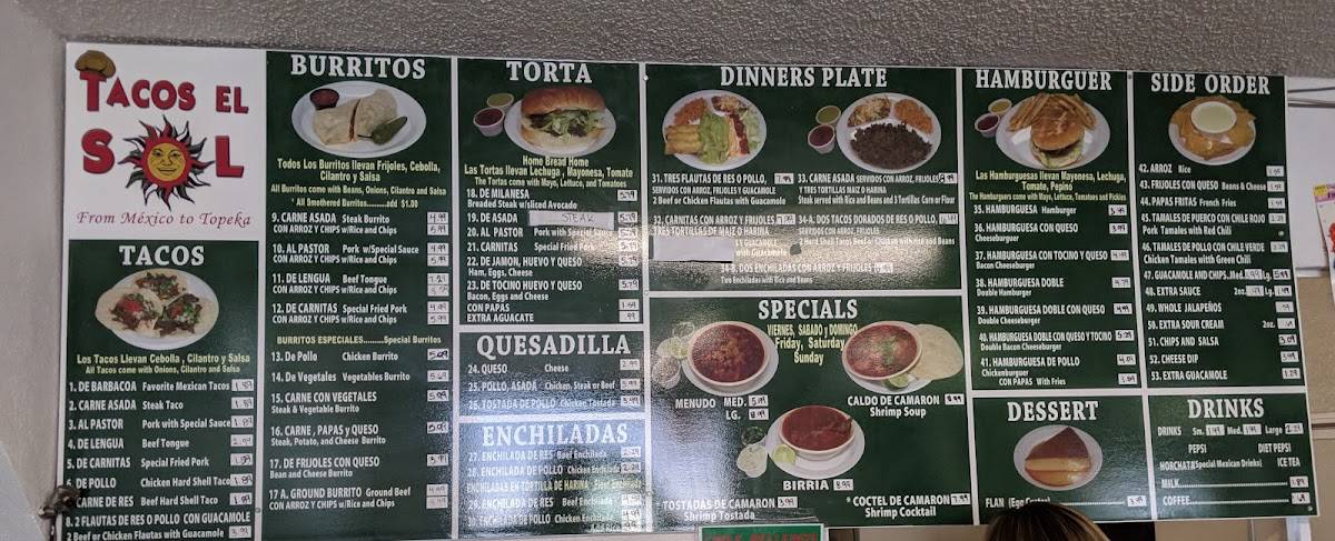 Menu at Tacos El Sol restaurant, Topeka