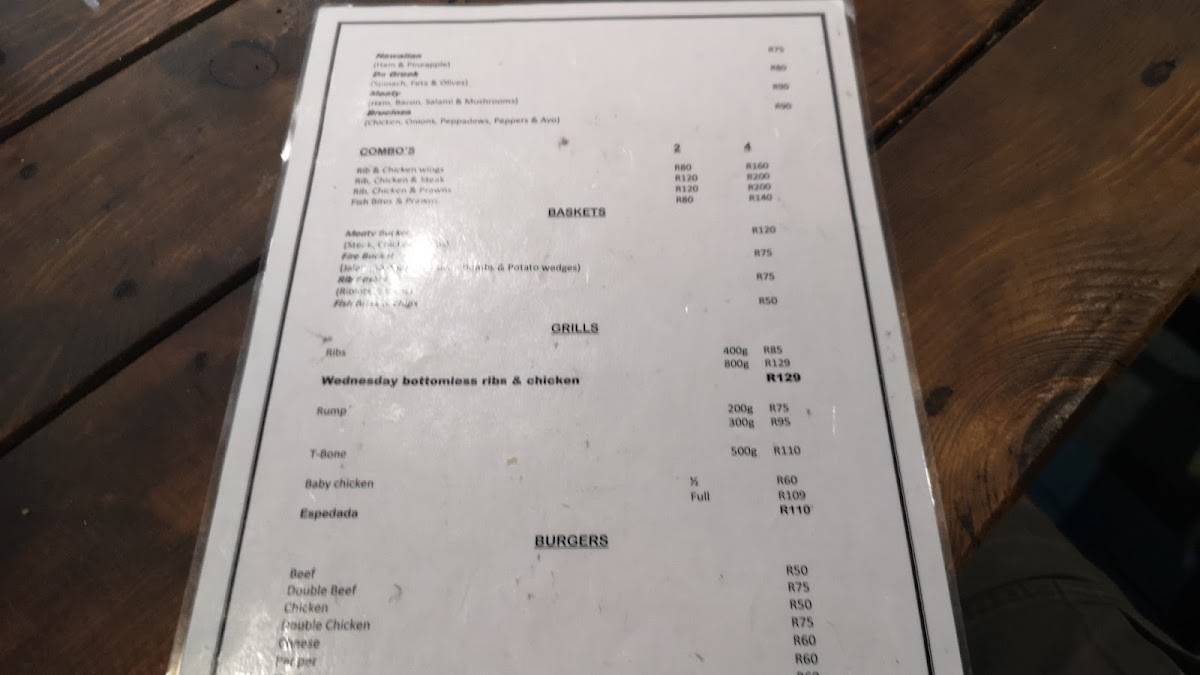 Menu at Tamz Beer Hut restaurant, Port Elizabeth