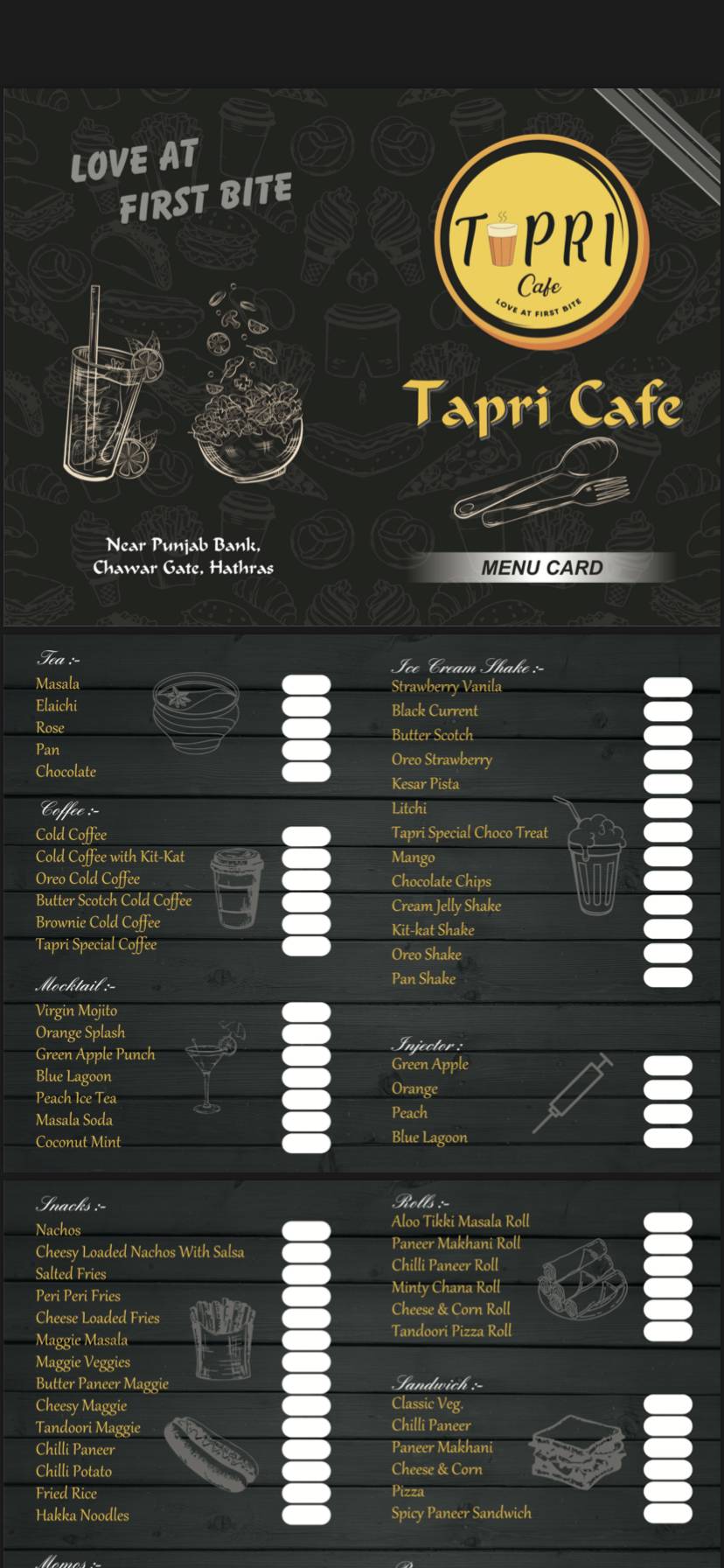 Tapri cafe menu