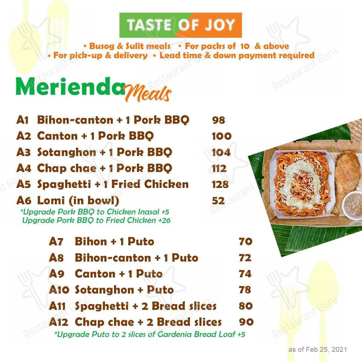 Menu at Taste Of Joy Bayanan restaurant, Muntinlupa, 246 National Road