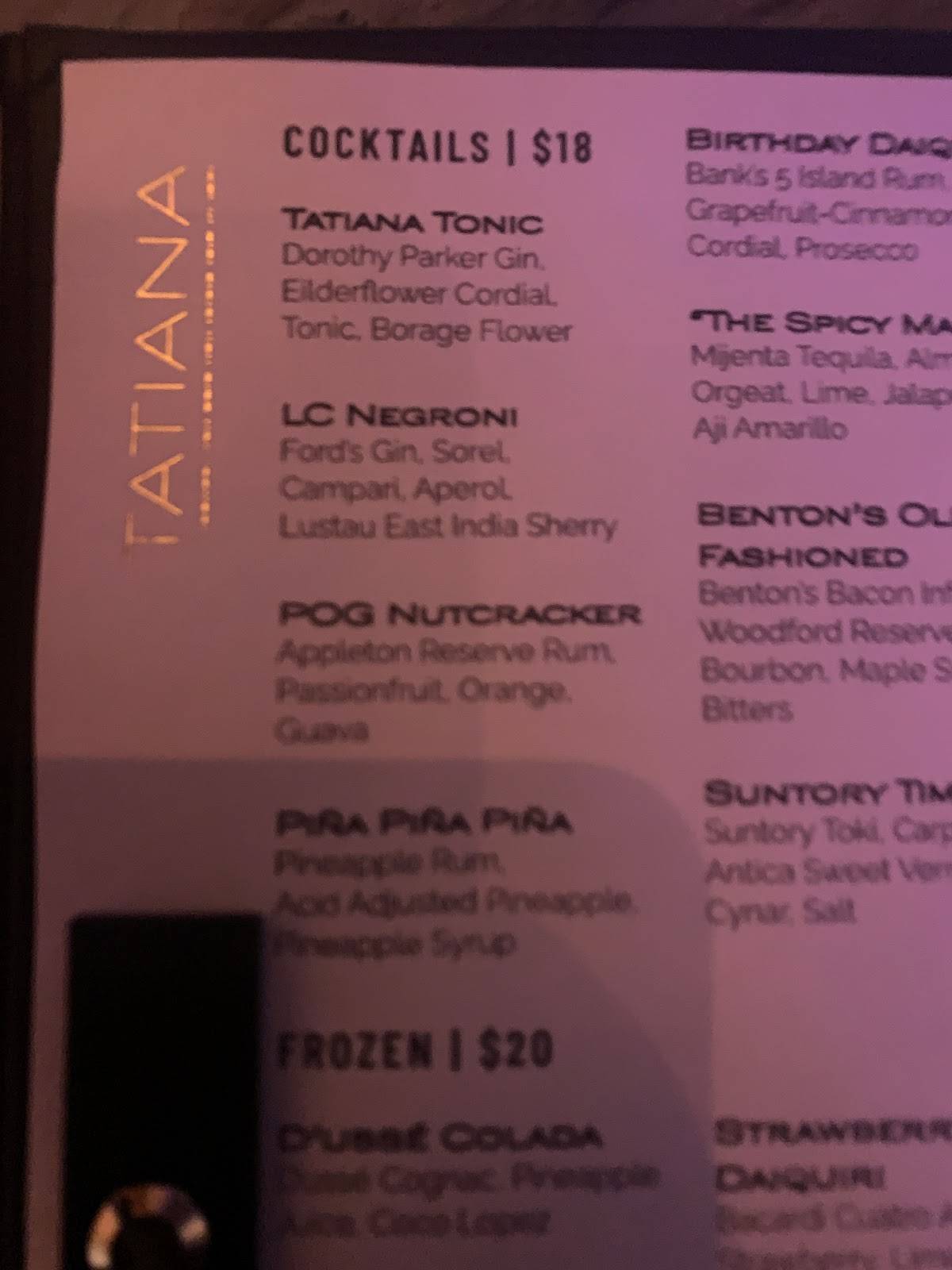 Menu at Tatiana by Kwame Onwuachi restaurant, West New York