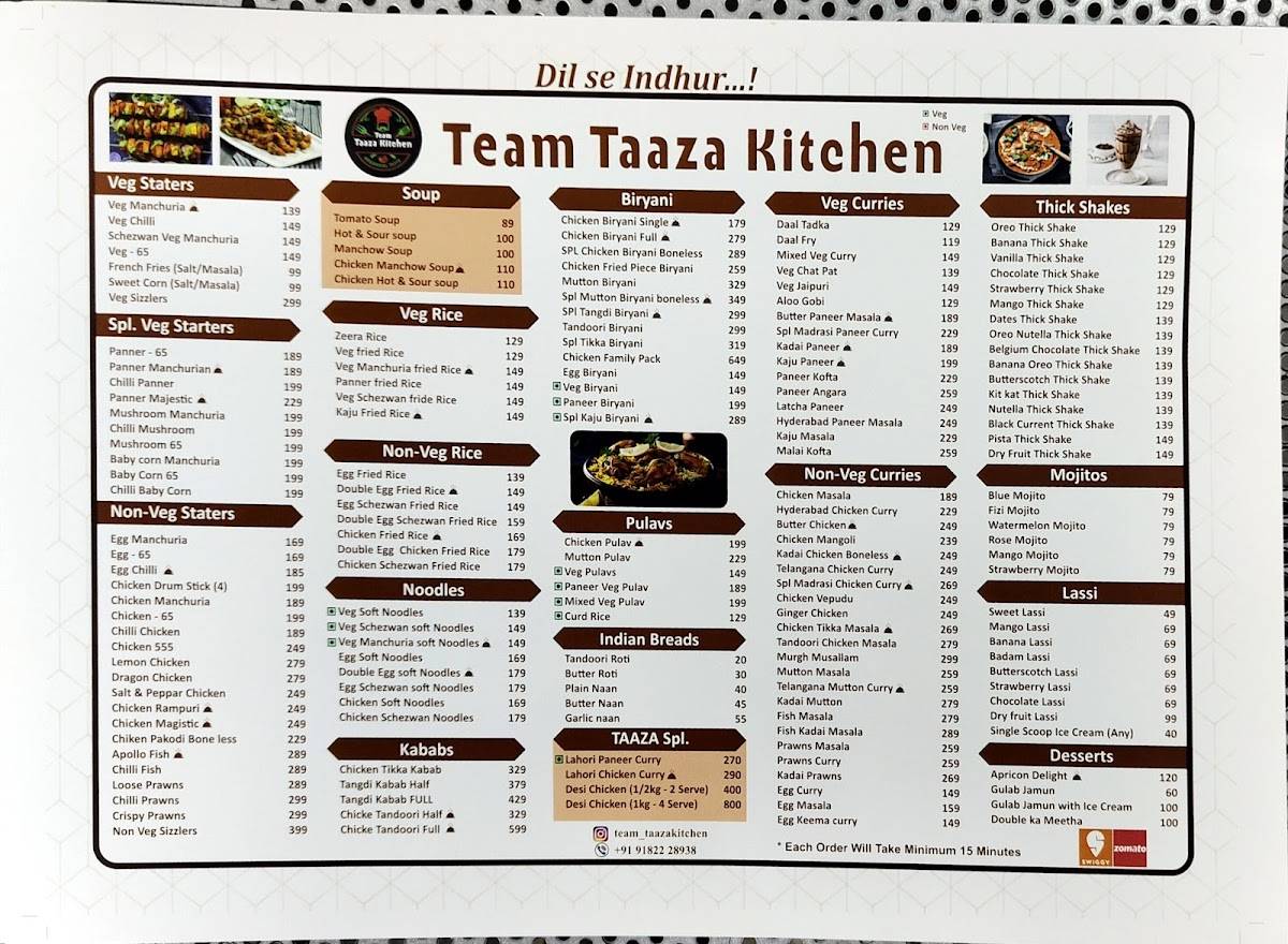 Team Taaza kitchen menu