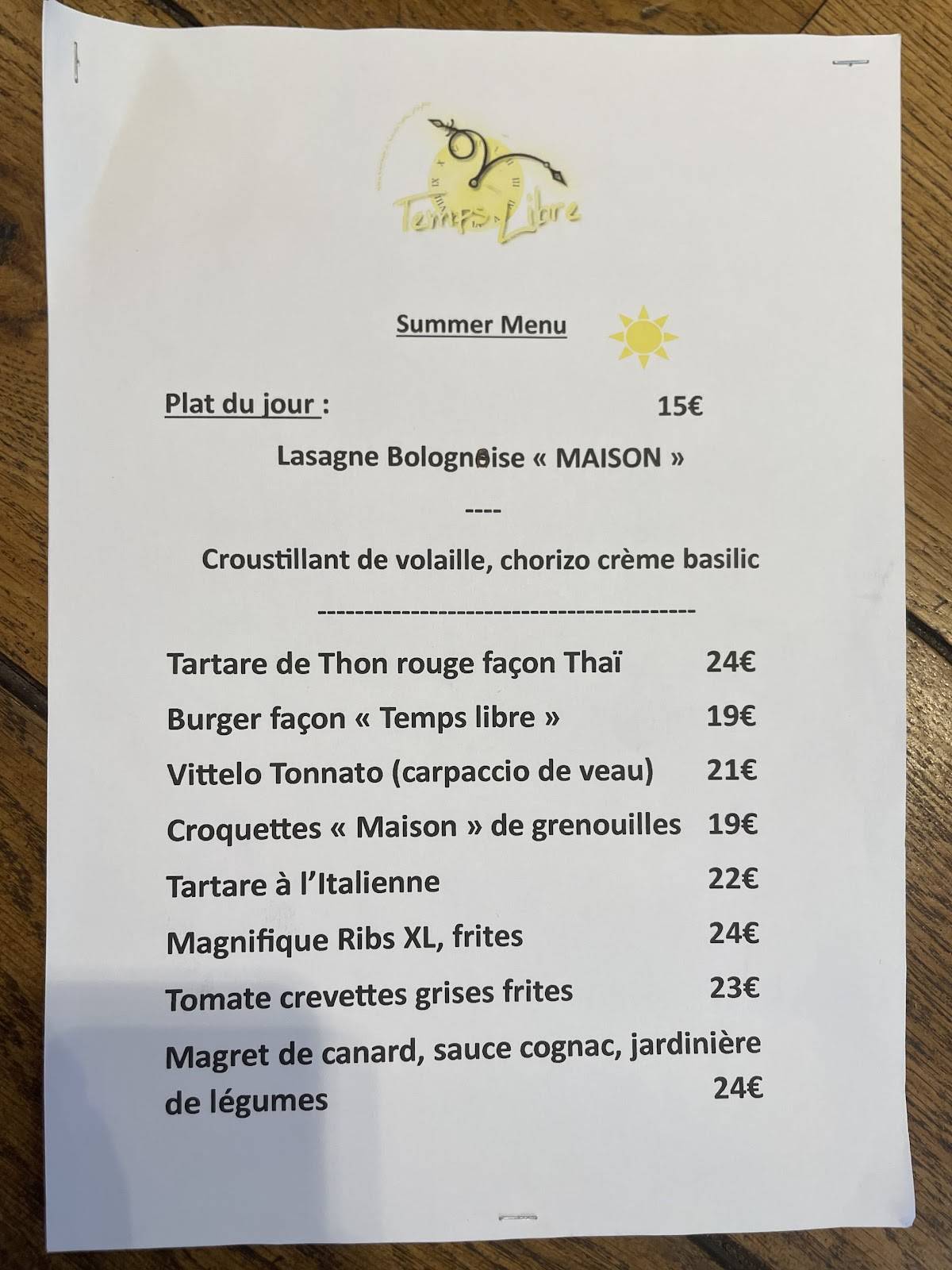 Menu de Temps Libre - Brasserie