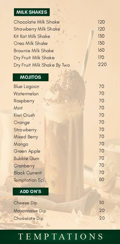 Temptations Cafe menu