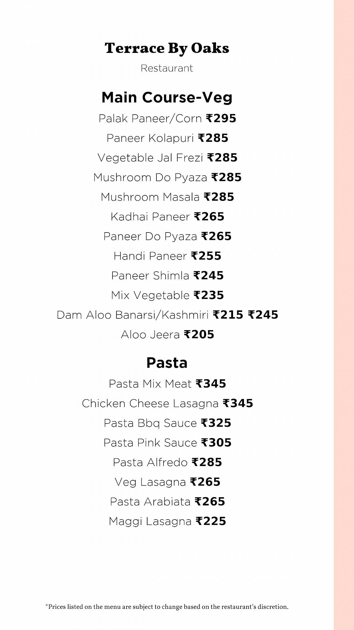 Terrace By Oaks menu