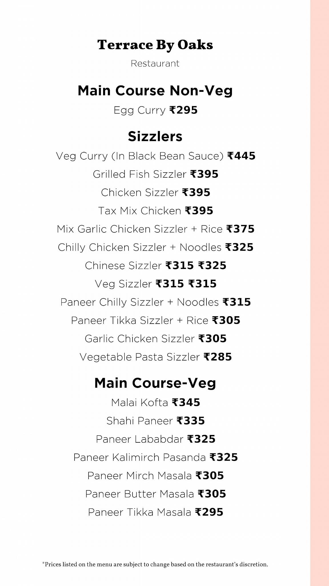 Terrace By Oaks menu