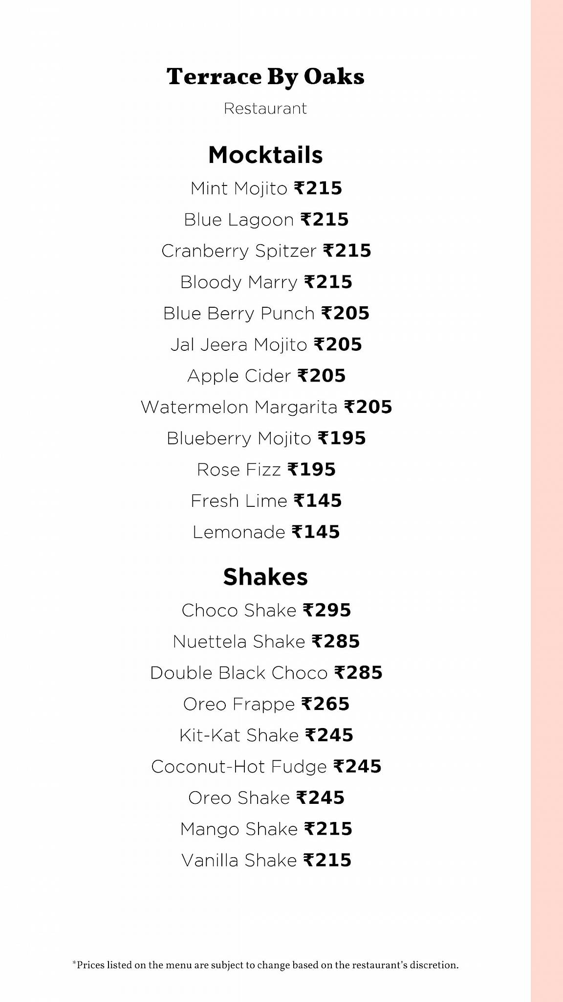 Terrace By Oaks menu