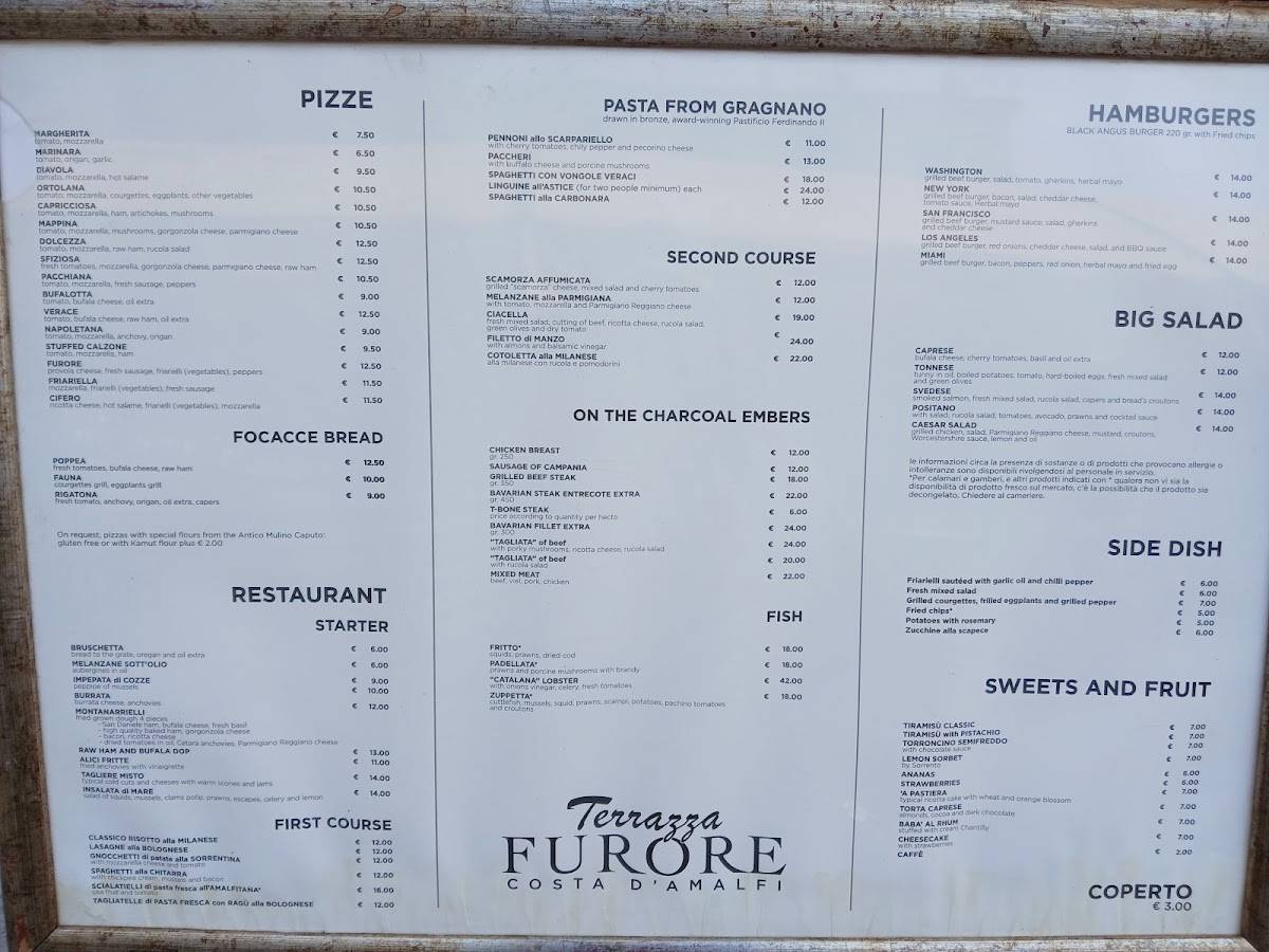 Menu di Terrazza Furore 