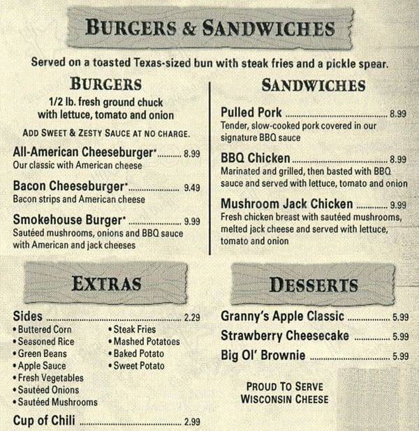 Texas Roadhouse menu