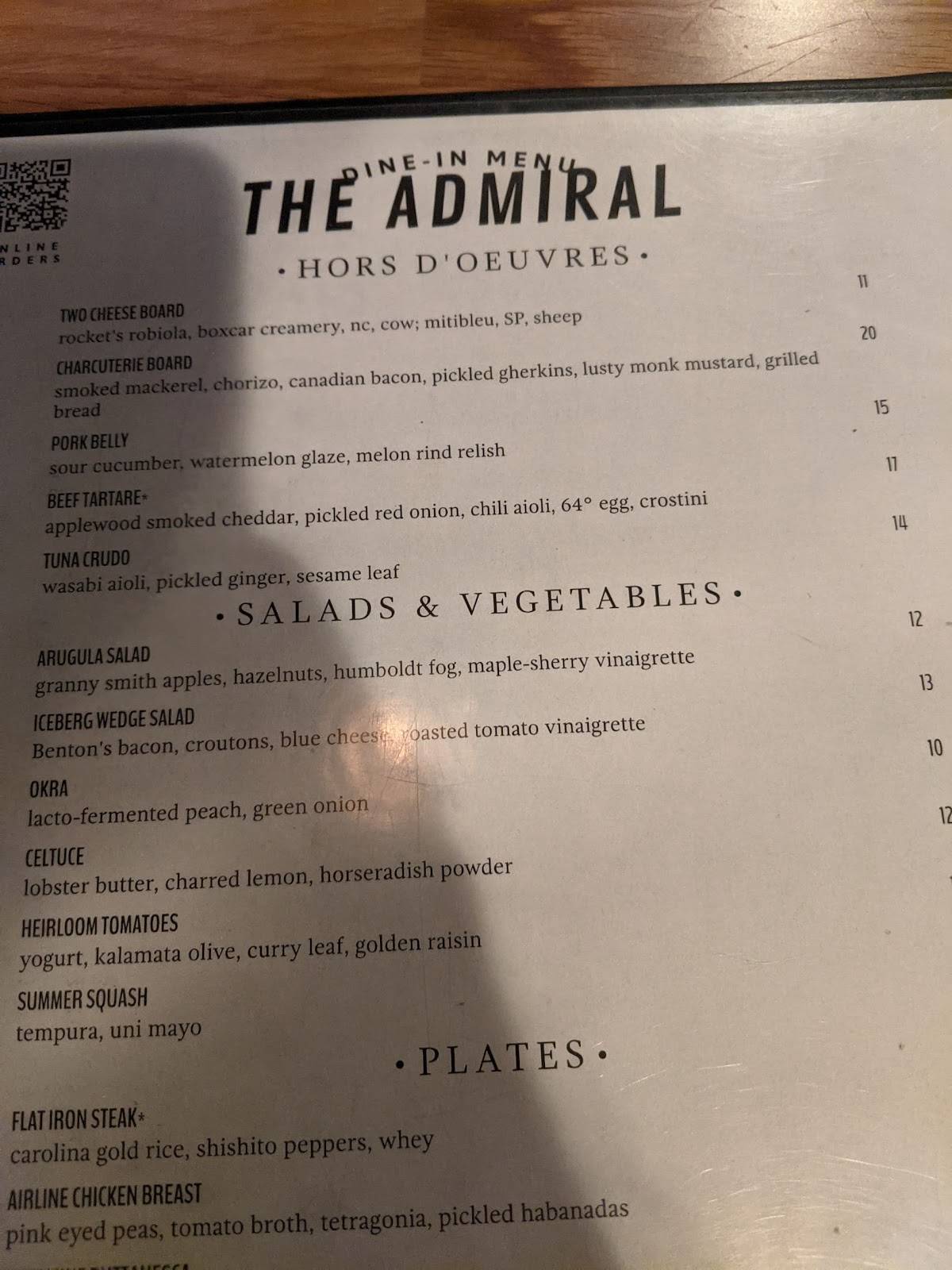 Menu At The Admiral Restaurant Asheville