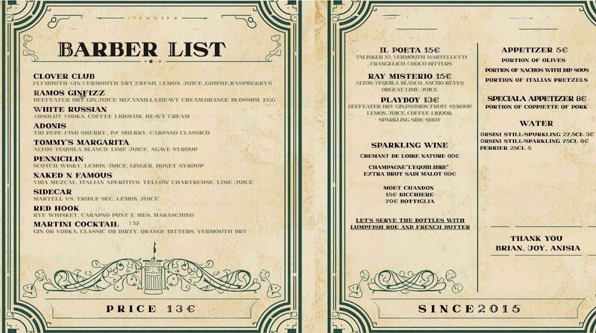 Menu di The Barber Shop Speakeasy 
