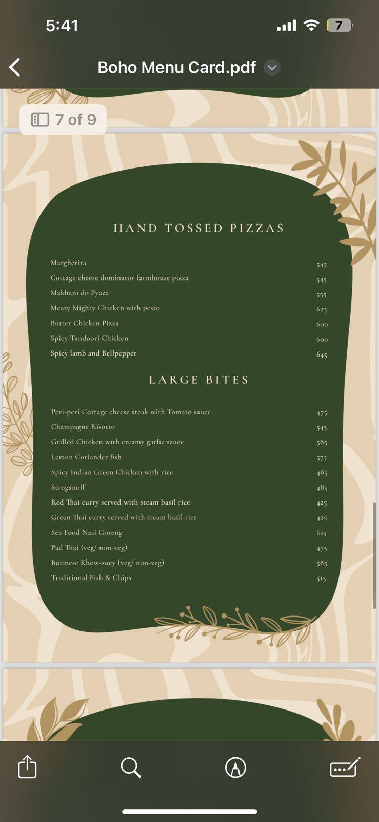 The Boho House Cocktail Bar menu