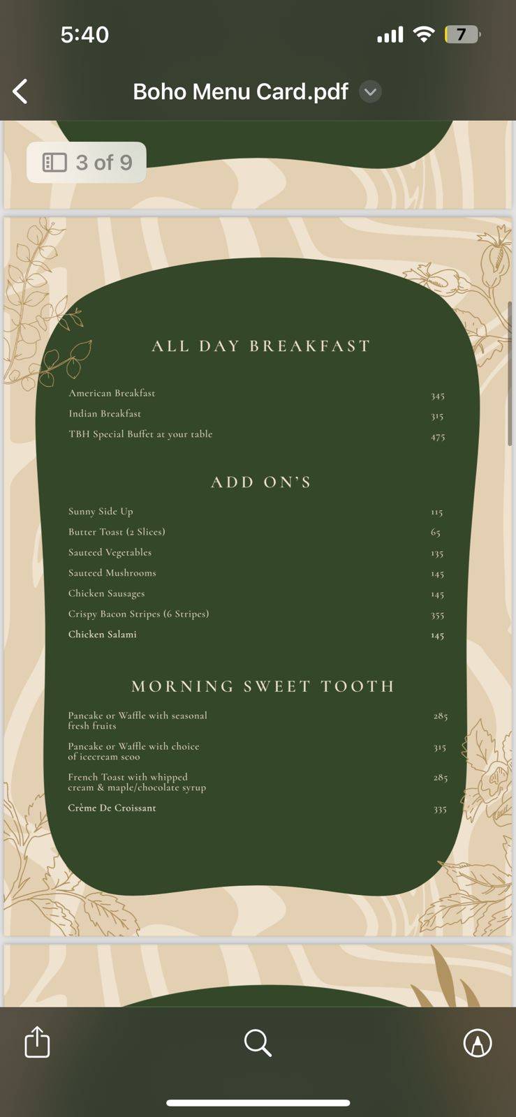 The Boho House Cocktail Bar menu