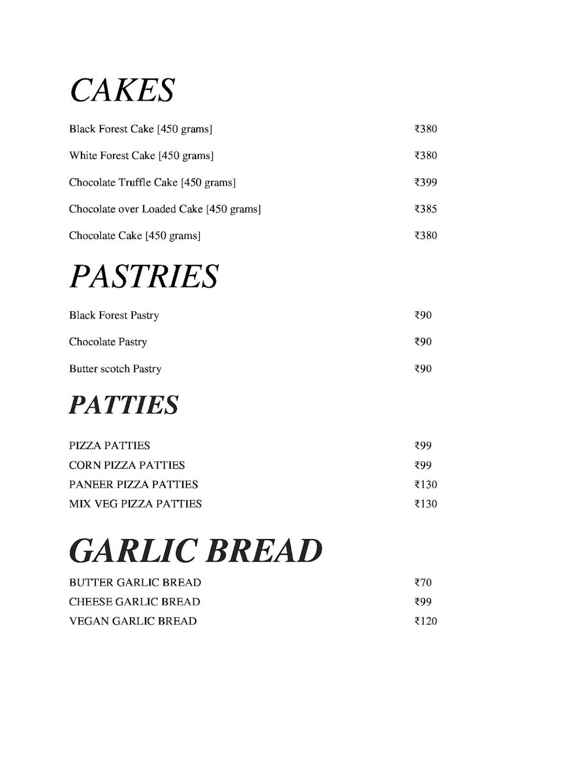The Burger Club menu