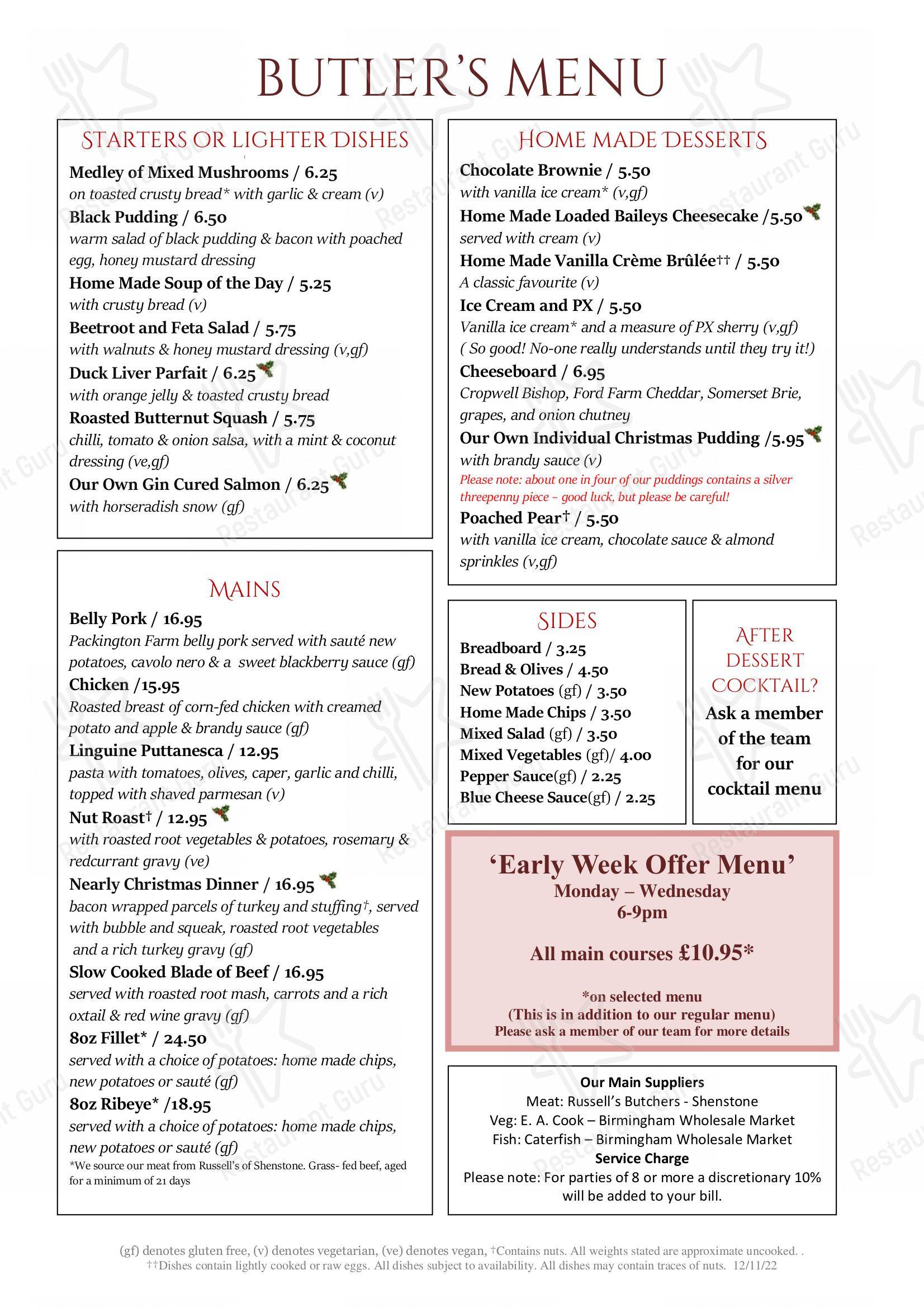 Menu at The Butlers Arms pub & bar, Sutton Coldfield