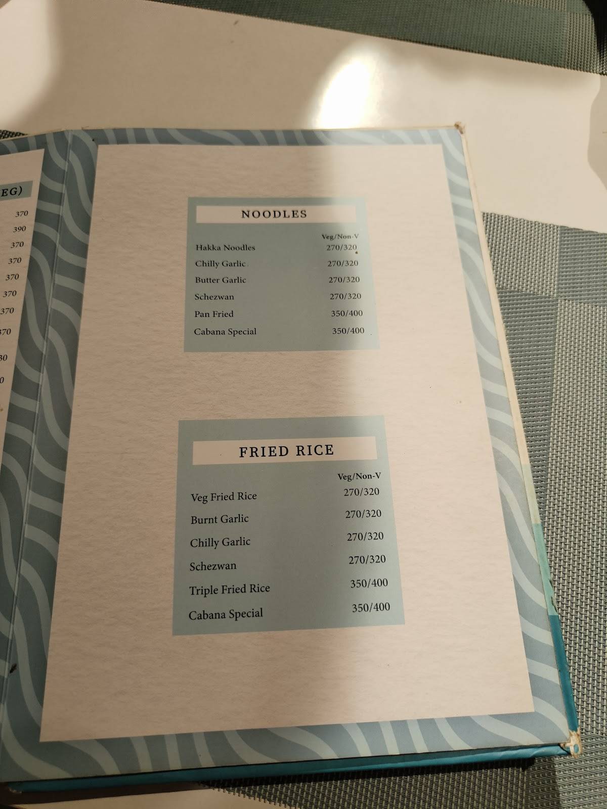 The Cabana menu
