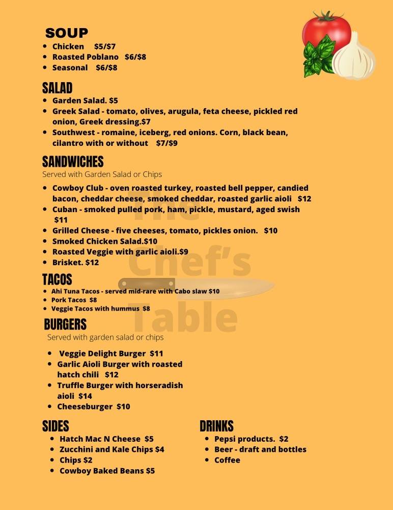 Menu at The Chef's Table cafe, Bloomington