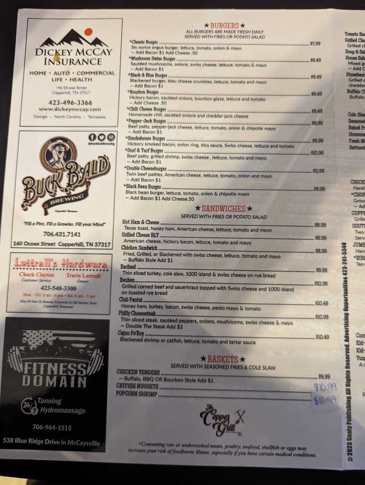 Menu at The Copper Grill restaurant, Copperhill
