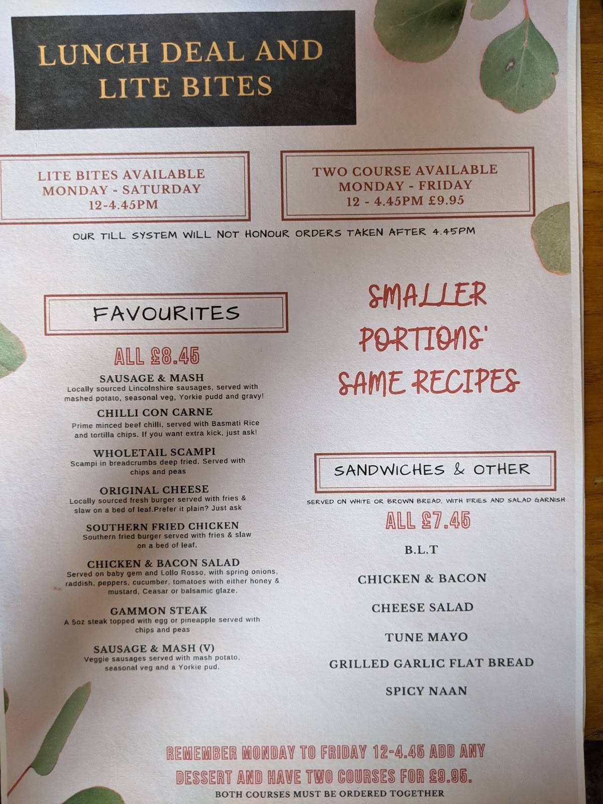 Menu at Earl of Strafford restaurant, Rotherham