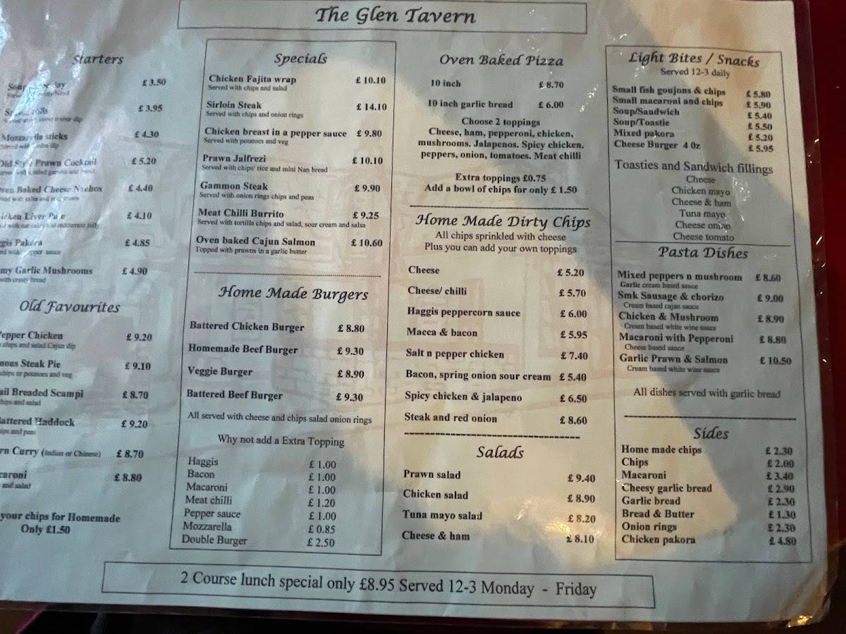 Menu at The Glen Tavern pub & bar, Dunfermline, 110-112 Pittencrieff St