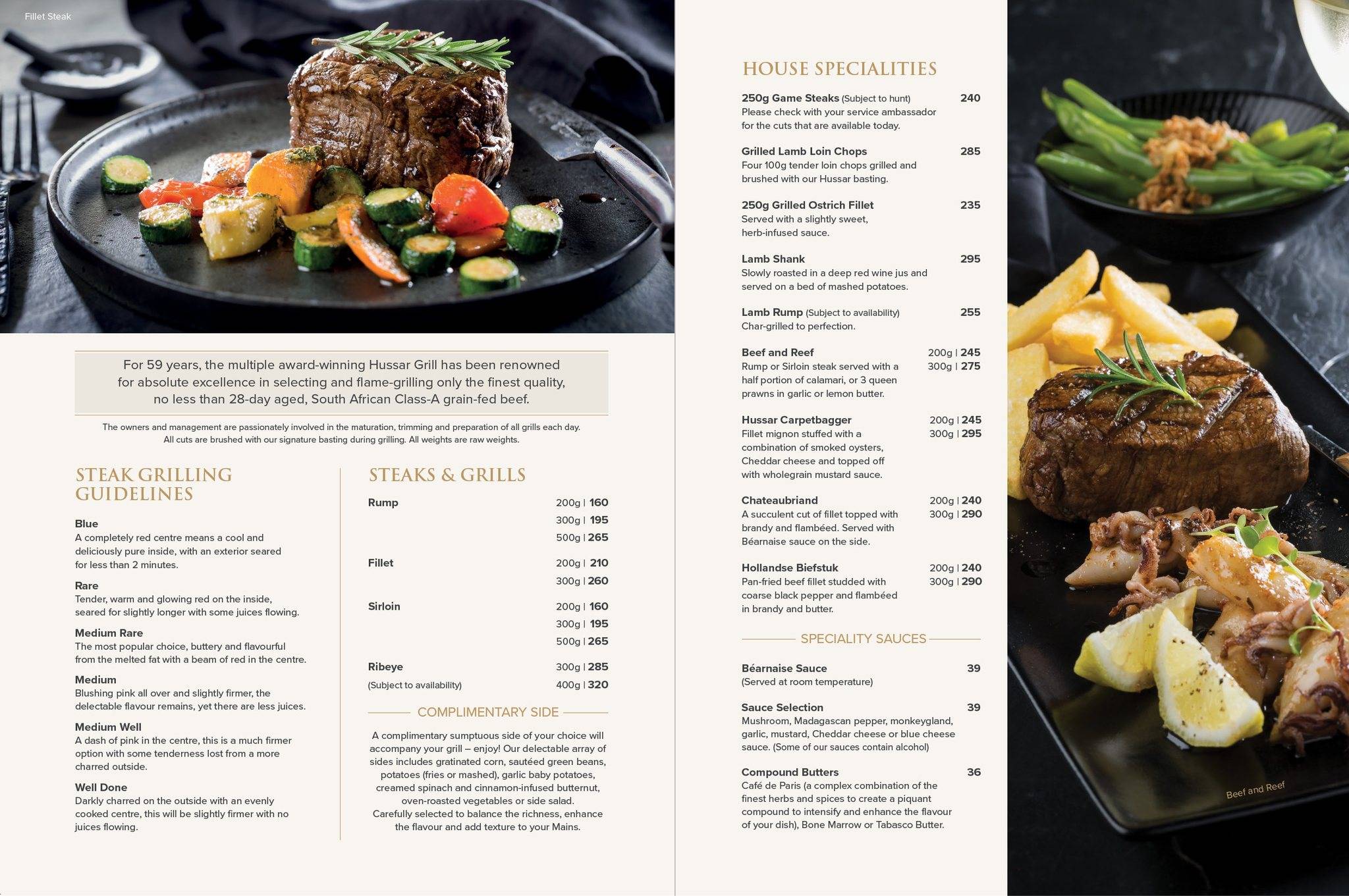 Menu at The Hussar Grill Mouille Point restaurant, Cape Town, New