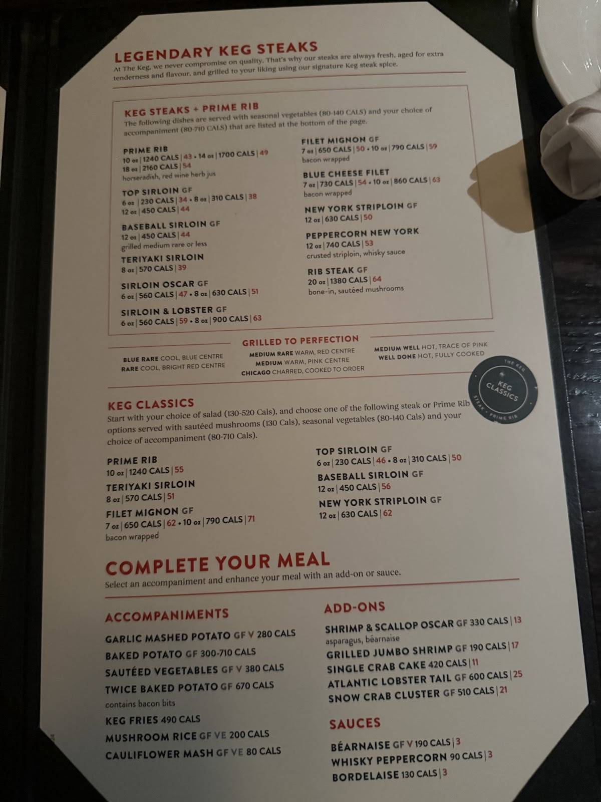 Menu de The Keg Steakhouse + Bar - Hamilton Mountain