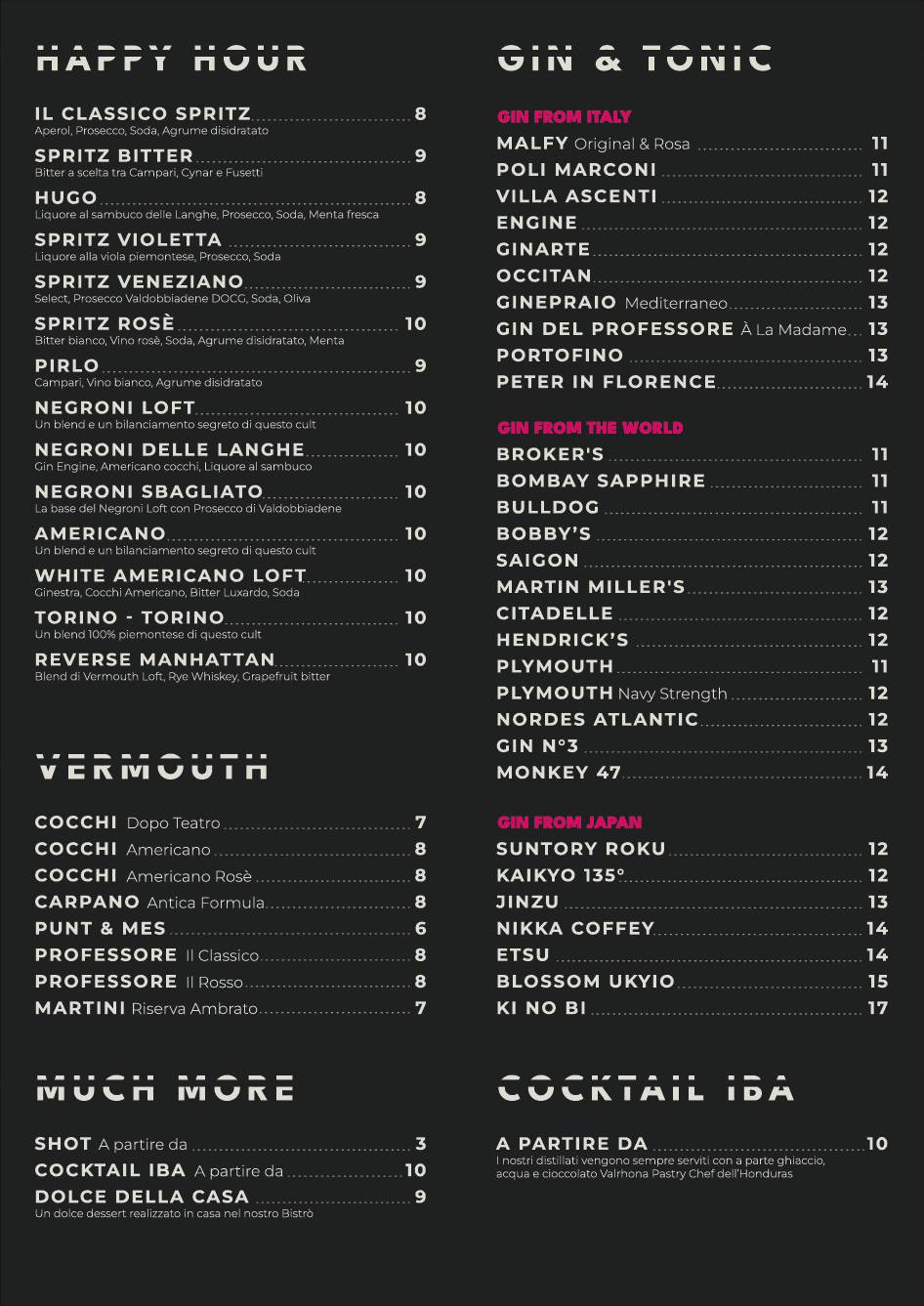 Menu di The Loft 