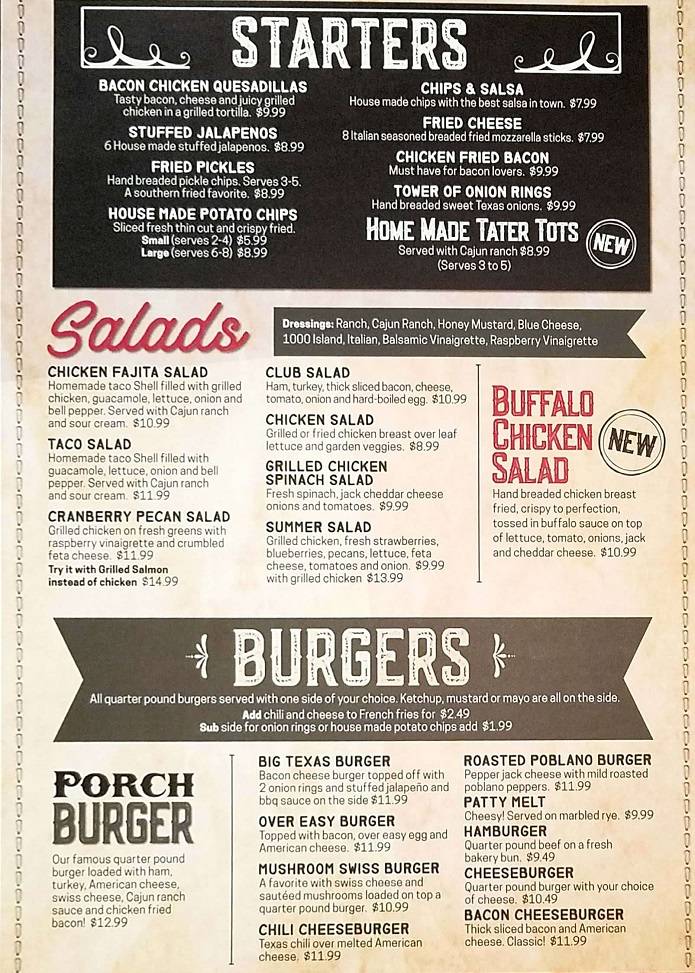 Menu at The Porch Arlington fast food, Arlington